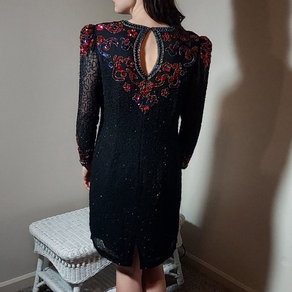 Unbelievable Vintage 80s Morgan Taylor Evening Ware Sequins and Beaded Silk Mini - Picture 2 of 10